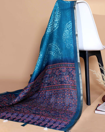 Ethnic Blue Linen saree with Multi-color Paisley and Floral Design