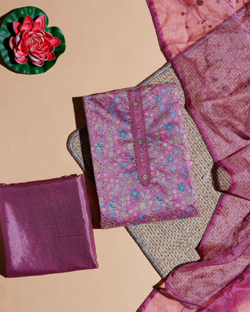 Women's Floral Embroidered Salwar Suit Material with Plain Silk Bottom and Embellished Dupatta - Pink