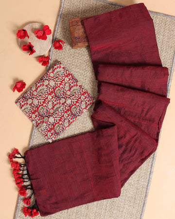 Handwoven Khadi Cotton Saree with Contrast Printed Blouse and Tassel Accents - Maroon