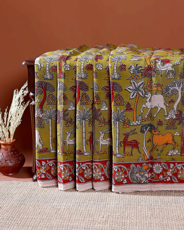 Traditional Handloom Kalamkari Cotton Saree with Intricate Floral and Avian Motifs - Green
