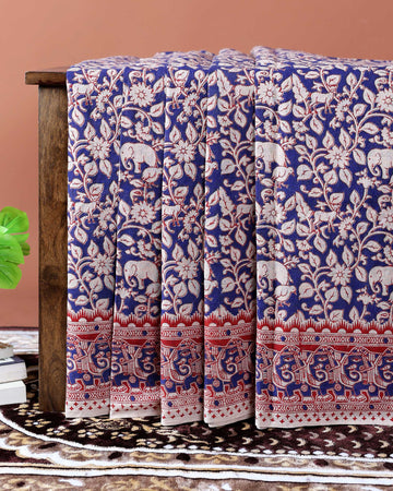 Traditional Kalamkari Cotton Saree with Traditional Elephant & Floral Motifs - Blue