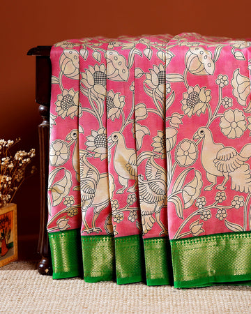 Elegant Mangalagiri Semi Silk Saree with Kalamkari Inspired Floral Motifs and Zari Border - Pink