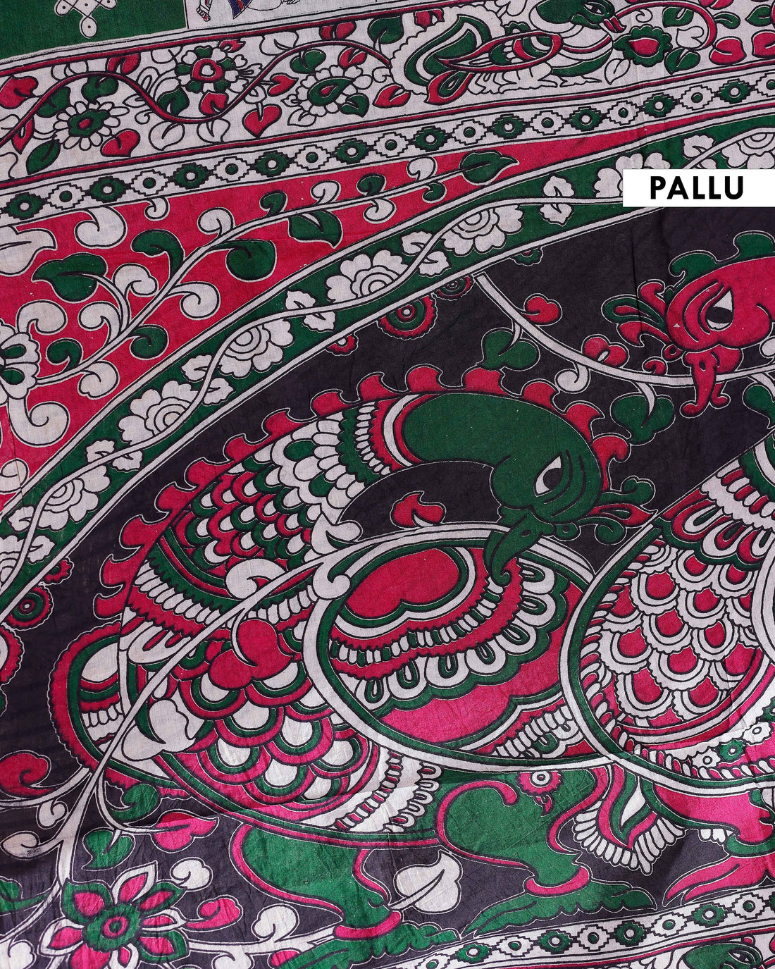 Traditional Handloom Kalamkari Cotton Saree with Intricate Floral and Avian Motifs - Green