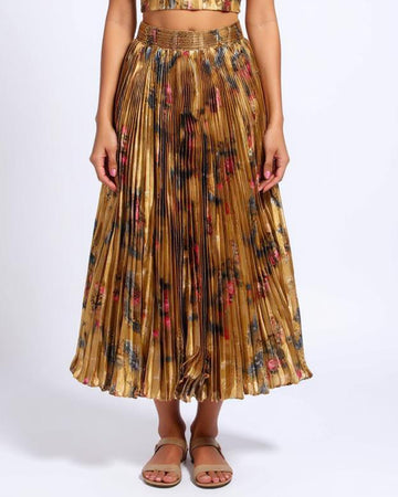 Floral Metallic Pleated Midi Skirt - Brown