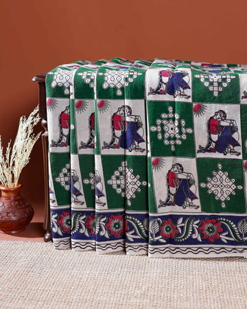 Traditional Handloom Kalamkari Cotton Saree with Intricate Floral and Avian Motifs - Green