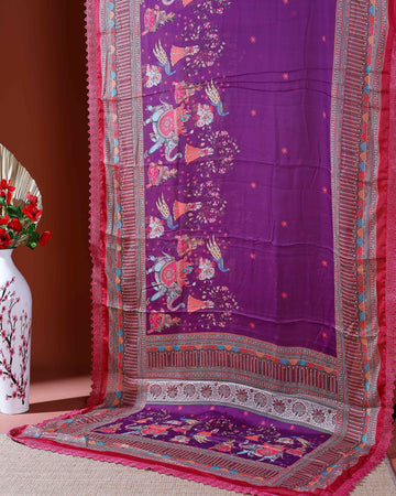 Designer Georgette Saree with Royal Procession Print and Intricately Woven Traditional Border - Purple