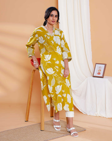 Floral Printed Straight Kurta with V-Neckline and 3/4 Sleeves - Mustard Yellow