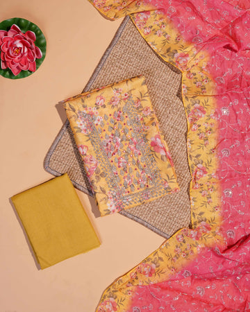 Floral Printed Unstitched Salwar Suit Material with Embellished Neckline and Dupatta - Yellow