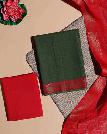 Women's Semi Silk Salwar Material with Contrast Border and Zari Weaving - Green