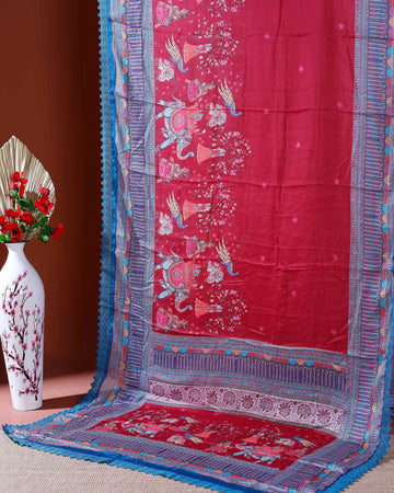 Designer Georgette Saree with Royal Procession Print and Intricately Woven Traditional Border - Red