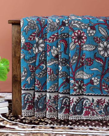 Traditional Kalamkari Cotton Saree with Intricate Floral & Paisley Block Prints - Teal