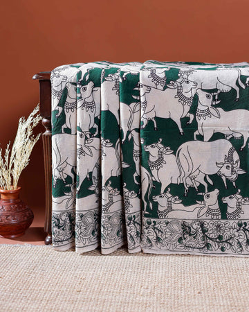 Traditional Handloom Kalamkari Cotton Saree with Intricate Floral and Avian Motifs - Green