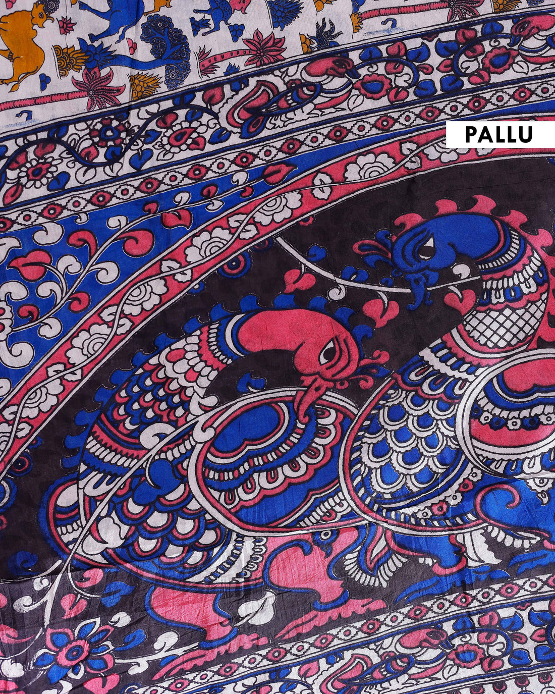 Traditional Handloom Kalamkari Cotton Saree with Intricate Floral and Avian Motifs - Blue