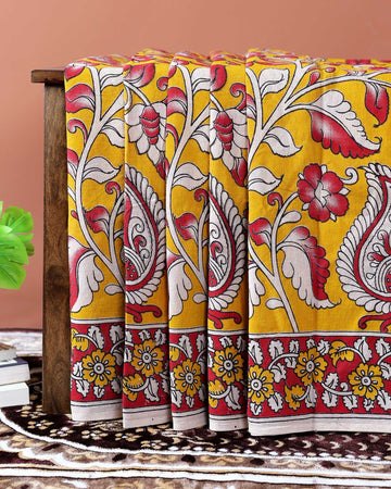 Traditional Handloom Kalamkari Cotton Saree with Intricate Floral and Paisley Motifs - Yellow