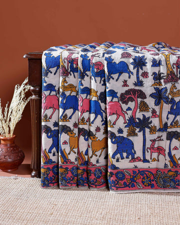 Traditional Handloom Kalamkari Cotton Saree with Intricate Floral and Avian Motifs - Blue