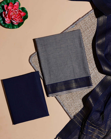 Women's Semi Silk Salwar Material with Contrast Border and Zari Weaving - Grey