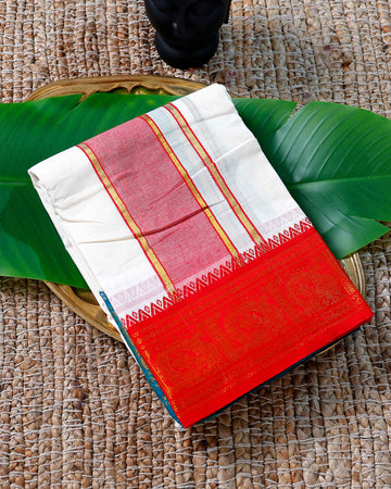 Men’s Cotton Dhoti with Red Colour Border - White