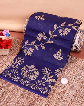 All-Over Floral Printed Voile Saree with Intricate Contrast Border – Navy Blue
