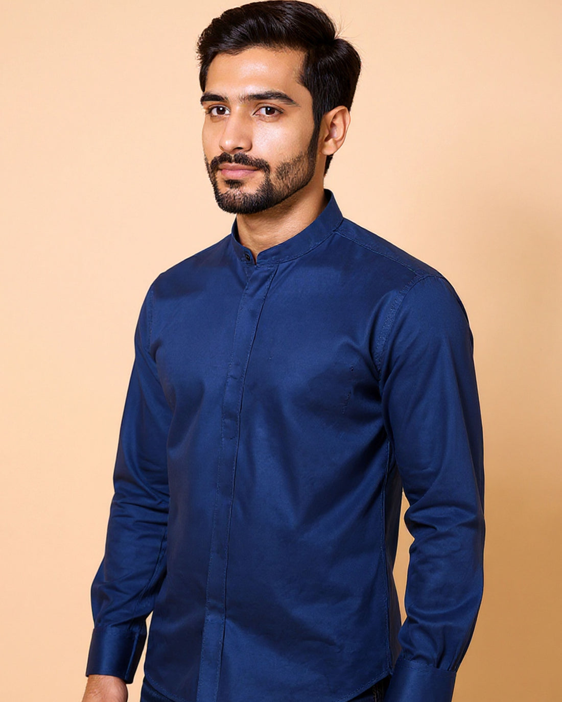 Men's Nativebull Brand Mandarin Collar Full Sleeve Casual Shirt - Navy Blue