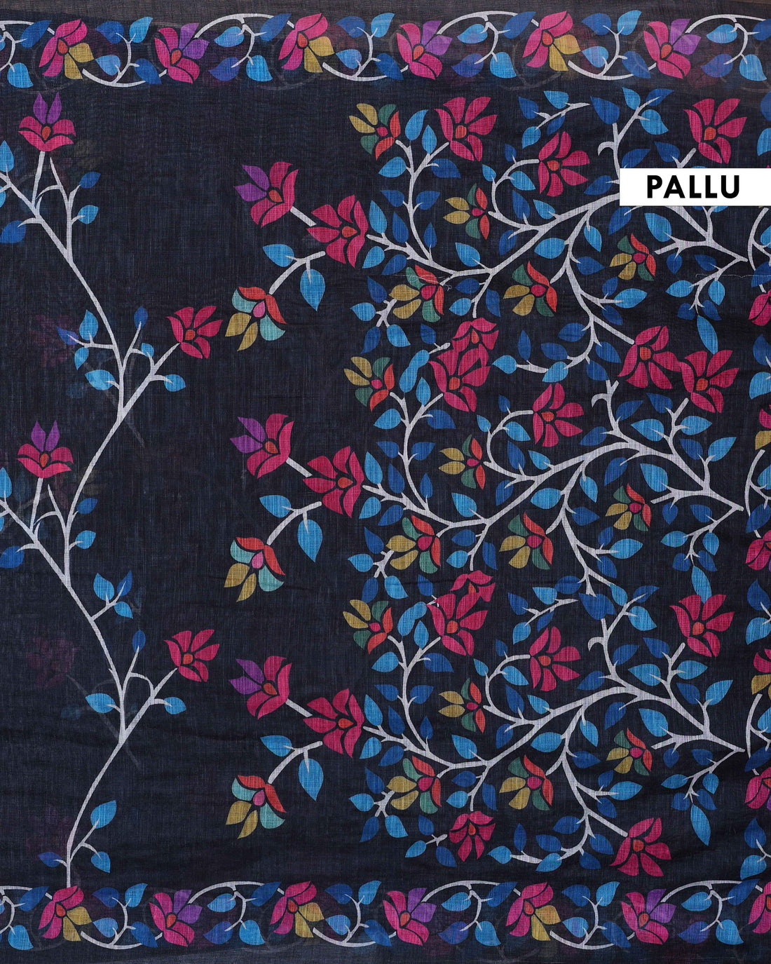 Ethnic Black Linen saree with Multi-color Paisley and Floral Design