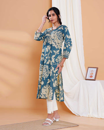 Floral Printed Straight Kurta with V-Neckline and 3/4 Sleeves - Teal