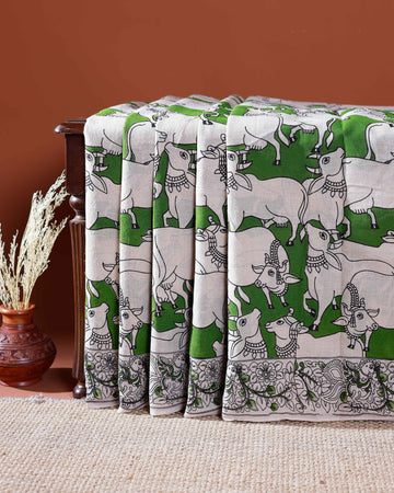 Traditional Handloom Kalamkari Cotton Saree with Intricate Floral and Avian Motifs - Green