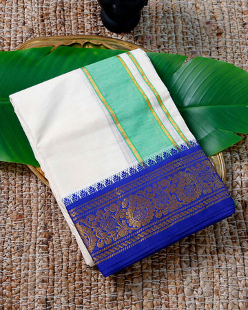Men’s Cotton Dhoti with Blue Colour Border - White