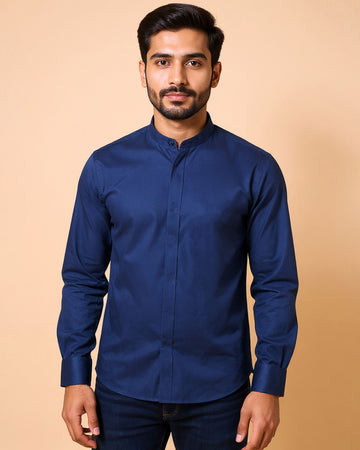 Men's Nativebull Brand Mandarin Collar Full Sleeve Casual Shirt - Navy Blue