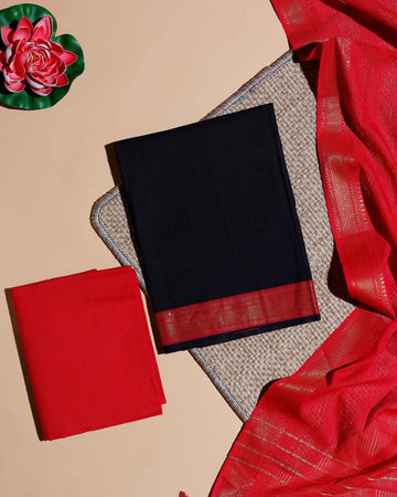 Women's Semi Silk Salwar Material with Contrast Border and Zari Weaving - Black