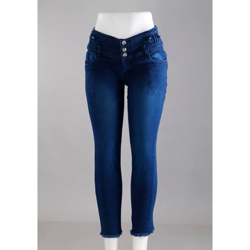 Women Blue Pencil Cut Button Jeans