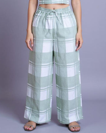 Checked Drawstring Wide-Leg Palazzo Pant - Green