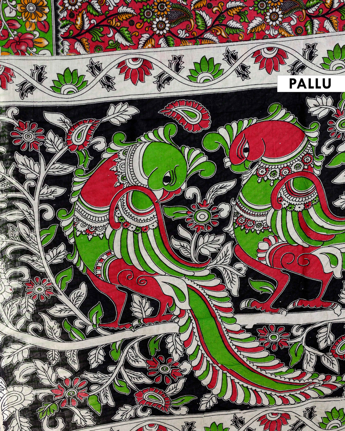 Traditional Handloom Kalamkari Cotton Saree with Intricate Floral and Avian Motifs - Red