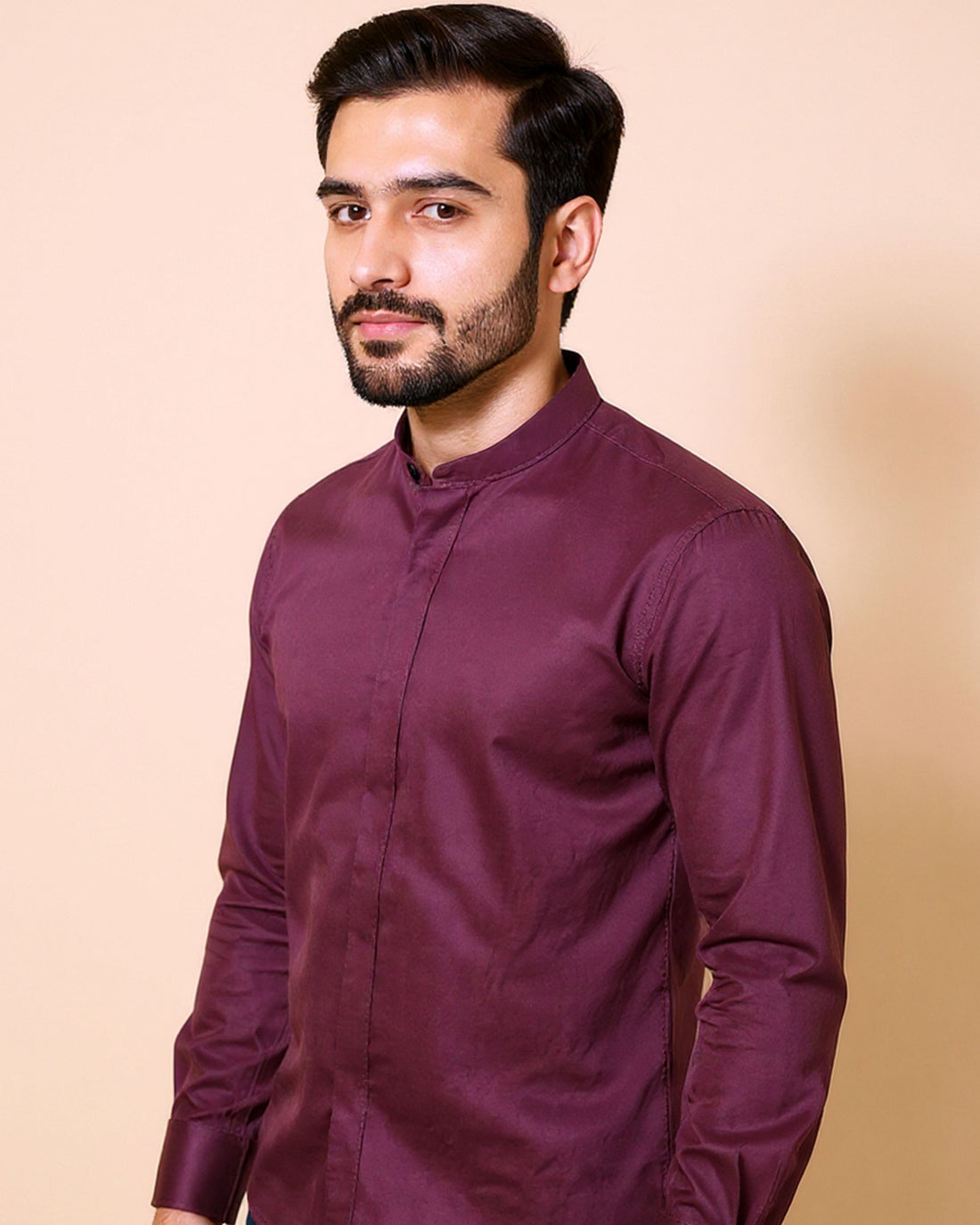 Men's Nativebull Brand Slim Fit Solid Mandarin Collar Casual Shirt - Maroon