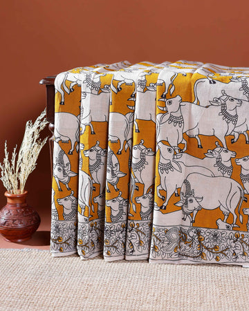 Traditional Handloom Kalamkari Cotton Saree with Intricate Floral and Avian Motifs - Yellow