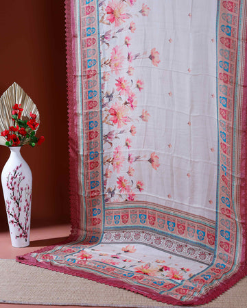 Elegant Georgette Saree with Intricate Floral Embroidery and Traditional Patterned Border - Cream