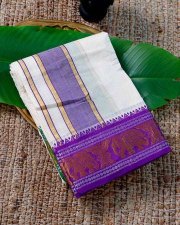 Men’s Cotton Dhoti with Violet Colour Border - White