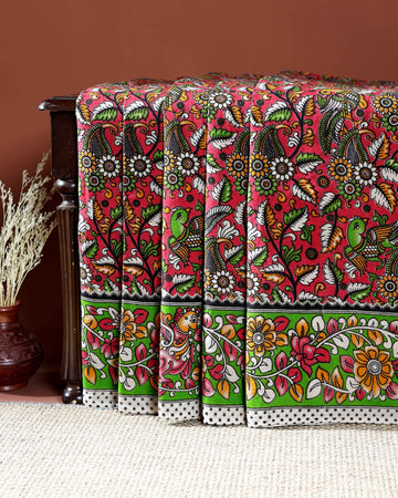 Traditional Handloom Kalamkari Cotton Saree with Intricate Floral and Avian Motifs - Red