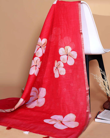 Ethnic Red Linen saree with Multi-color Paisley and Floral Design