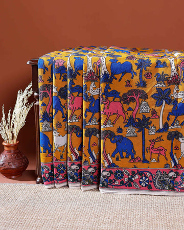 Traditional Handloom Kalamkari Cotton Saree with Intricate Floral and Avian Motifs - Orange