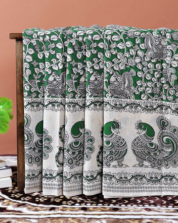 Traditional Handblock Printed Kalamkari Cotton Saree with Traditional Peacock & Floral Motifs - Green