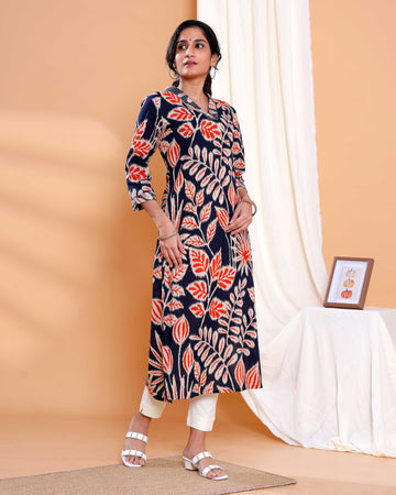 Floral Printed Straight Kurta with V-Neckline - Navy Blue
