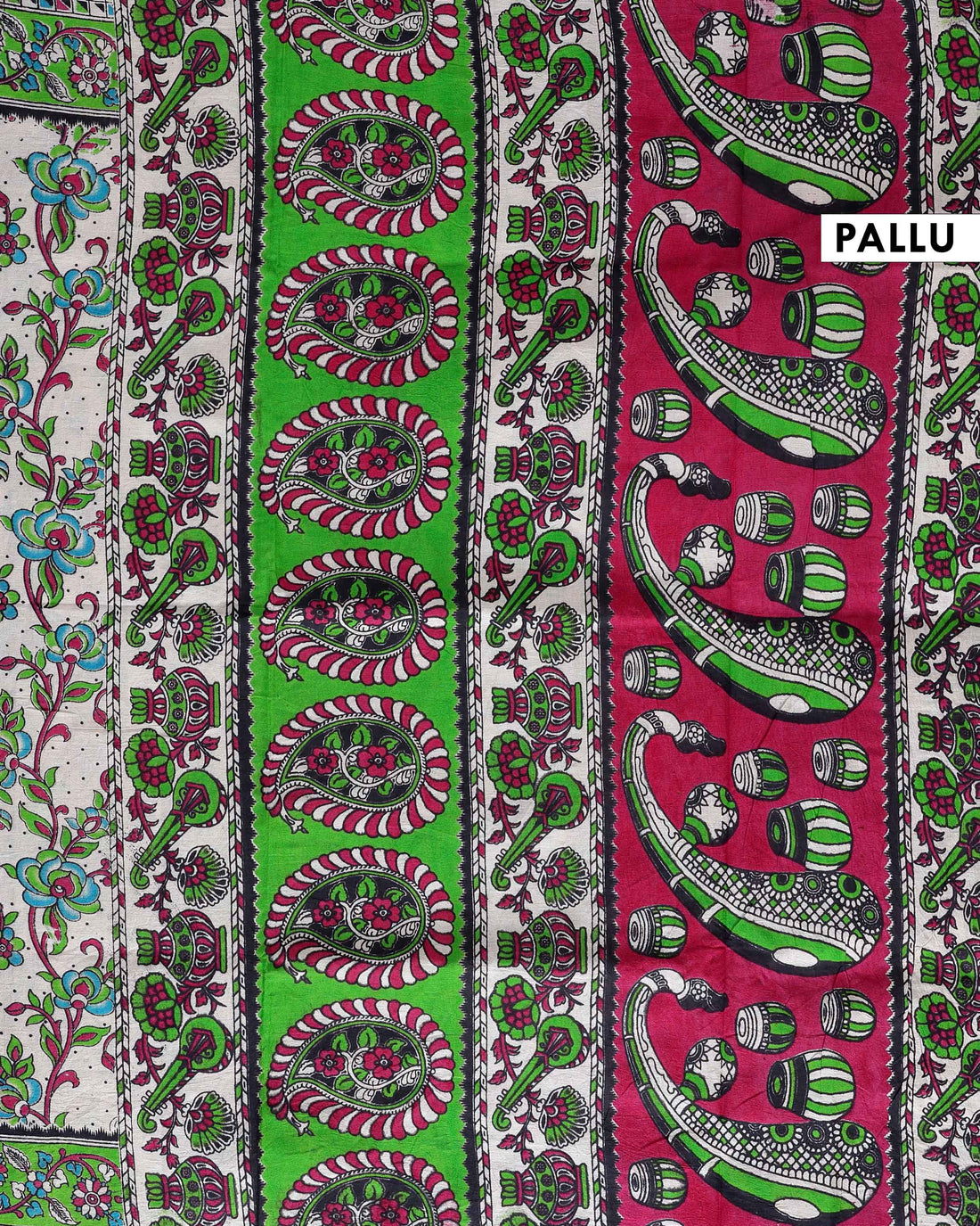 Traditional Handcrafted Kalamkari Cotton Saree with Traditional Floral & Peacock Motifs - Sandal