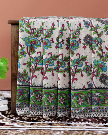 Traditional Handcrafted Kalamkari Cotton Saree with Traditional Floral & Peacock Motifs - Sandal