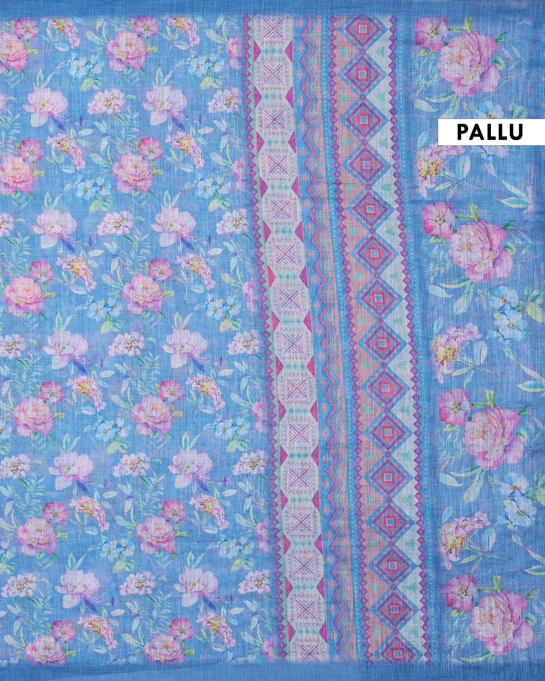 Ethnic Blue Linen saree with Multi-color Paisley and Floral Design
