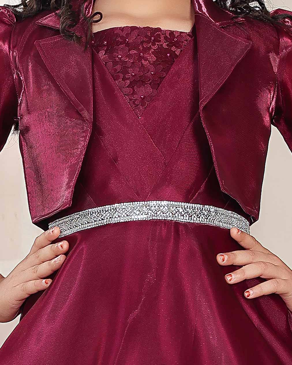 Girls' Embellished Puff Sleeve Western Wear with Jacket - Purple