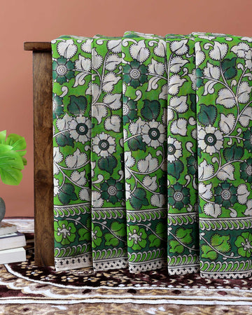 Handcrafted Kalamkari Cotton Saree with Traditional Floral Motifs - Green
