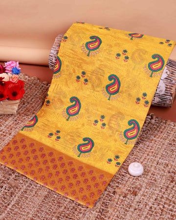 All-Over Floral Printed Voile Saree with Intricate Contrast Border – Yellow