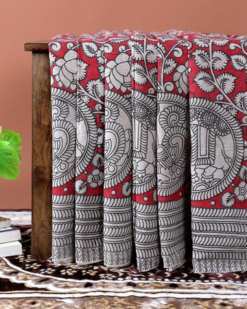 Traditional Kalamkari Cotton Saree with Traditional Motifs - Red