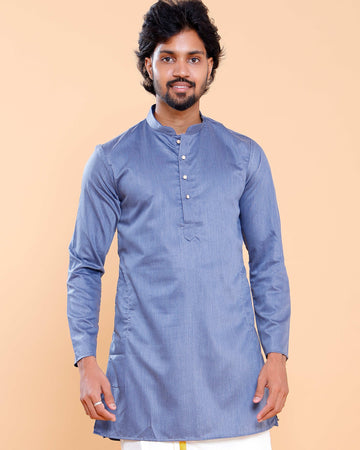 Elegant Men's Solid Mandarin Collar Kurta with Full Sleeves - Blue