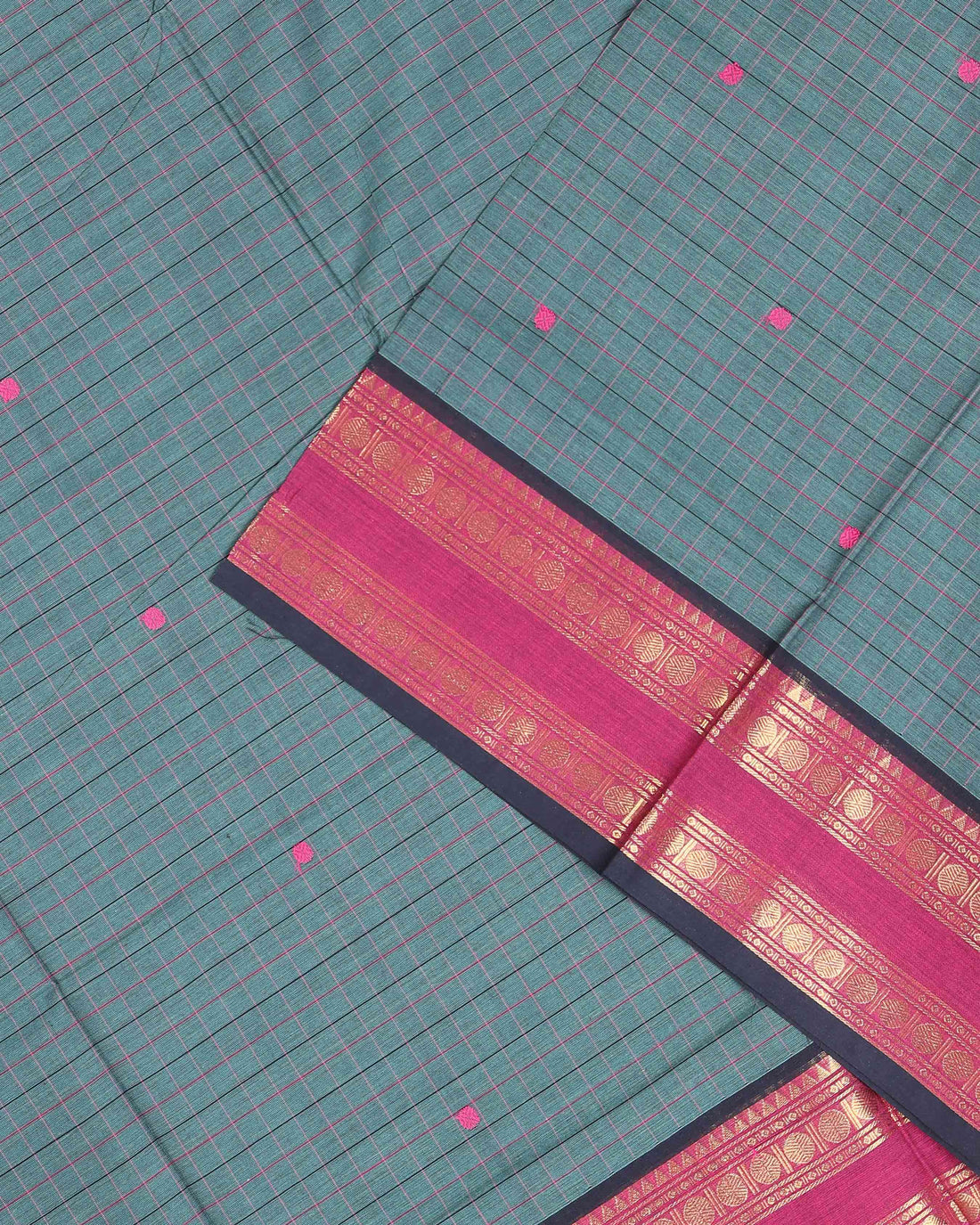 Handloom Cotton Saree with Checked Weave and Zari Border - Green
